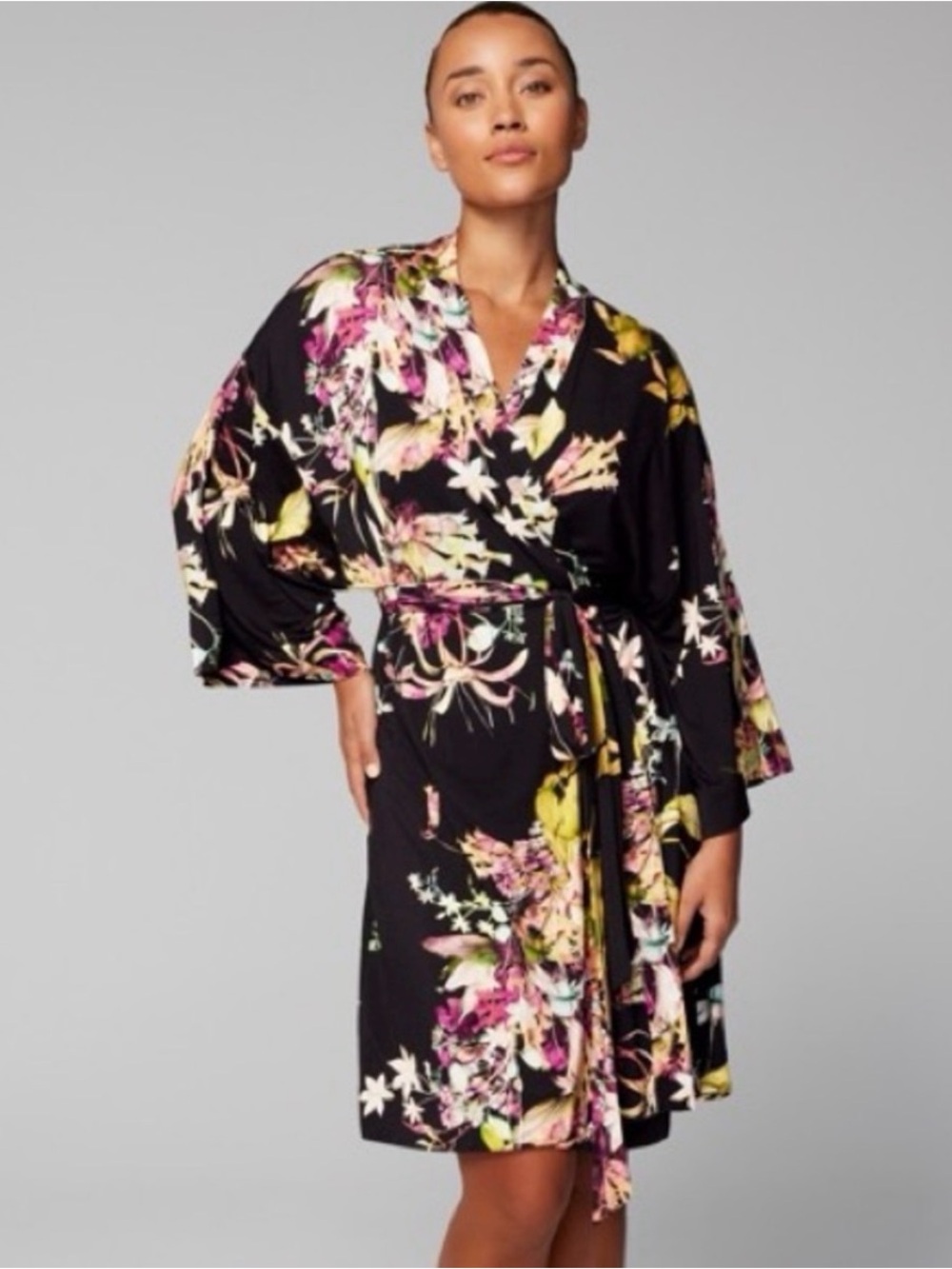 NWT Soma Cool Nights short kimono robe in botanical black, size L/XL
